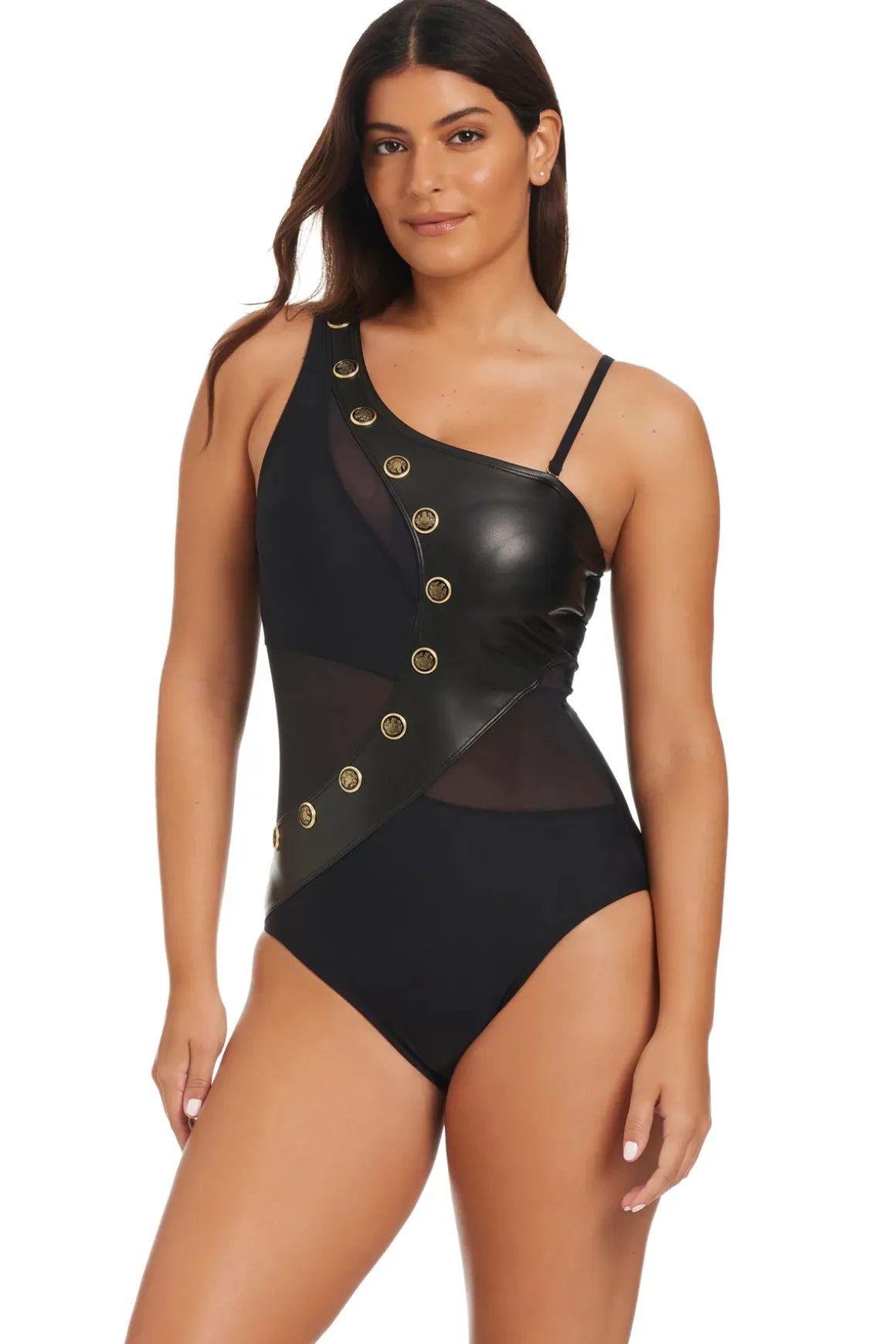 Leather Asymmetrical One Piece Swimsuit